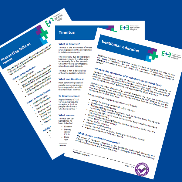 An image of 3 printed Eye and Ear Patient Fact Sheet documents