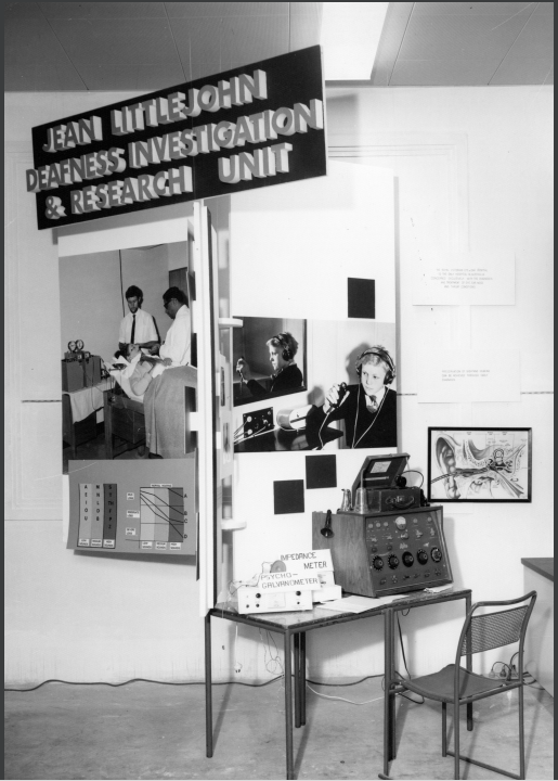 Jean little john in her hearing investigation unit, black and white image.
