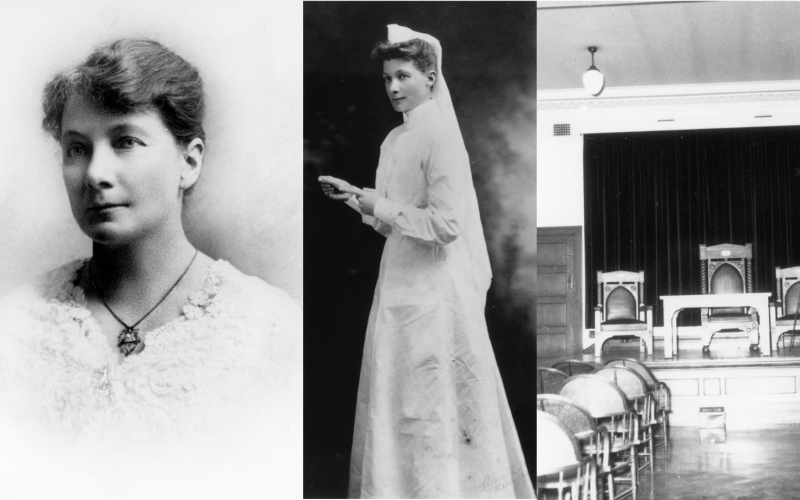 A collage of Matron Lucy Jones wearing white nurse wear. The third image to the right is of the Lucy Jones Hall, also featured in black and white