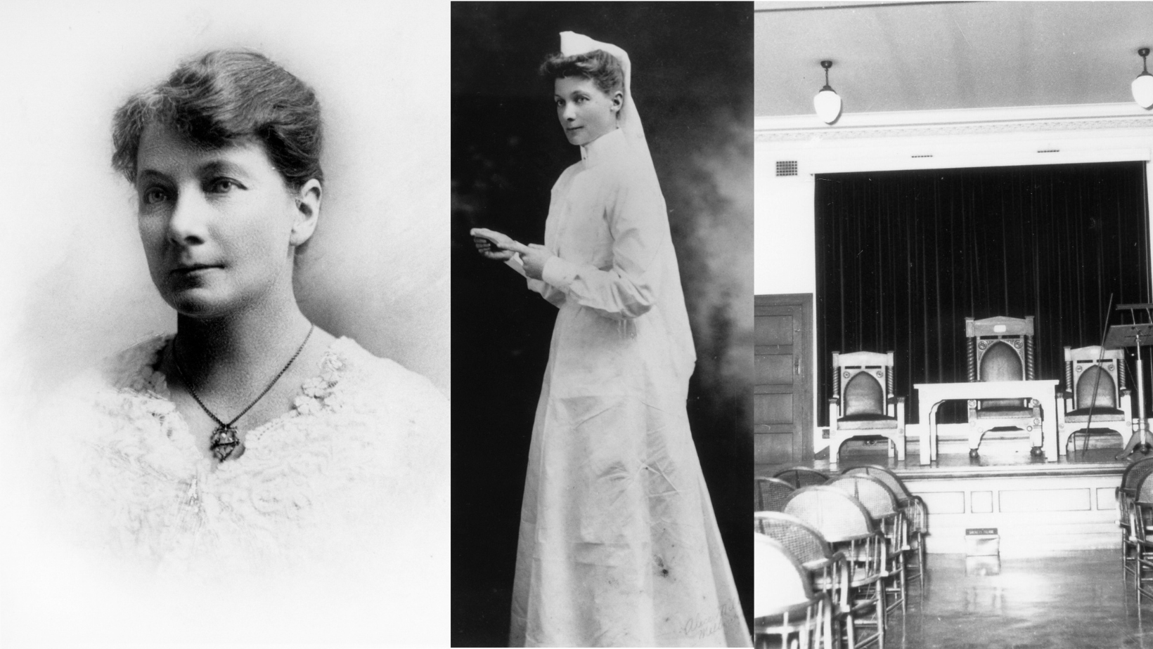 A collage of Matron Lucy Jones wearing white nurse wear. The third image to the right is of the Lucy Jones Hall, also featured in black and white