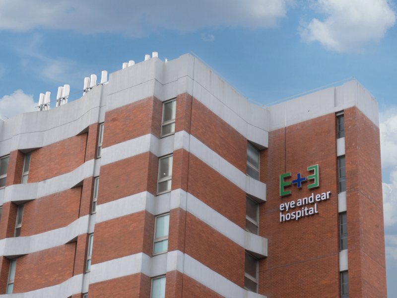Close up of Eye and Ear Hospital logo on the building