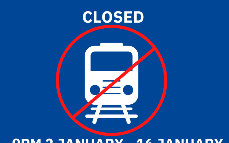An illustration with a train and a cross for City Loop Closures - Parliament station closed between 2 - 16 January