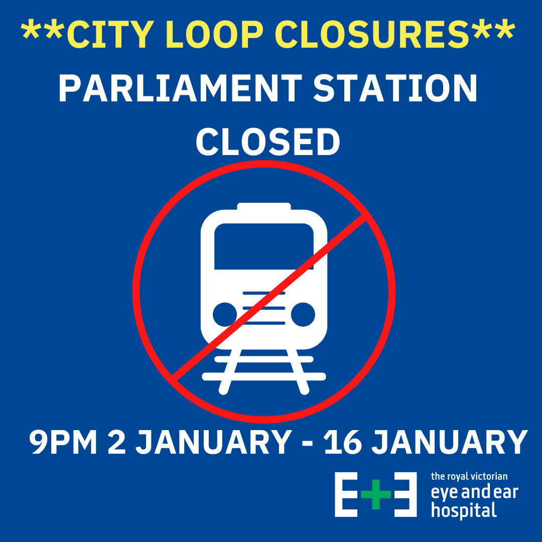 An illustration with a train and a cross for City Loop Closures - Parliament station closed between 2 - 16 January