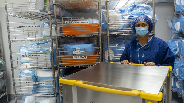 A staff member in the Sterile Processing Service (SPS) at the Eye and Ear
