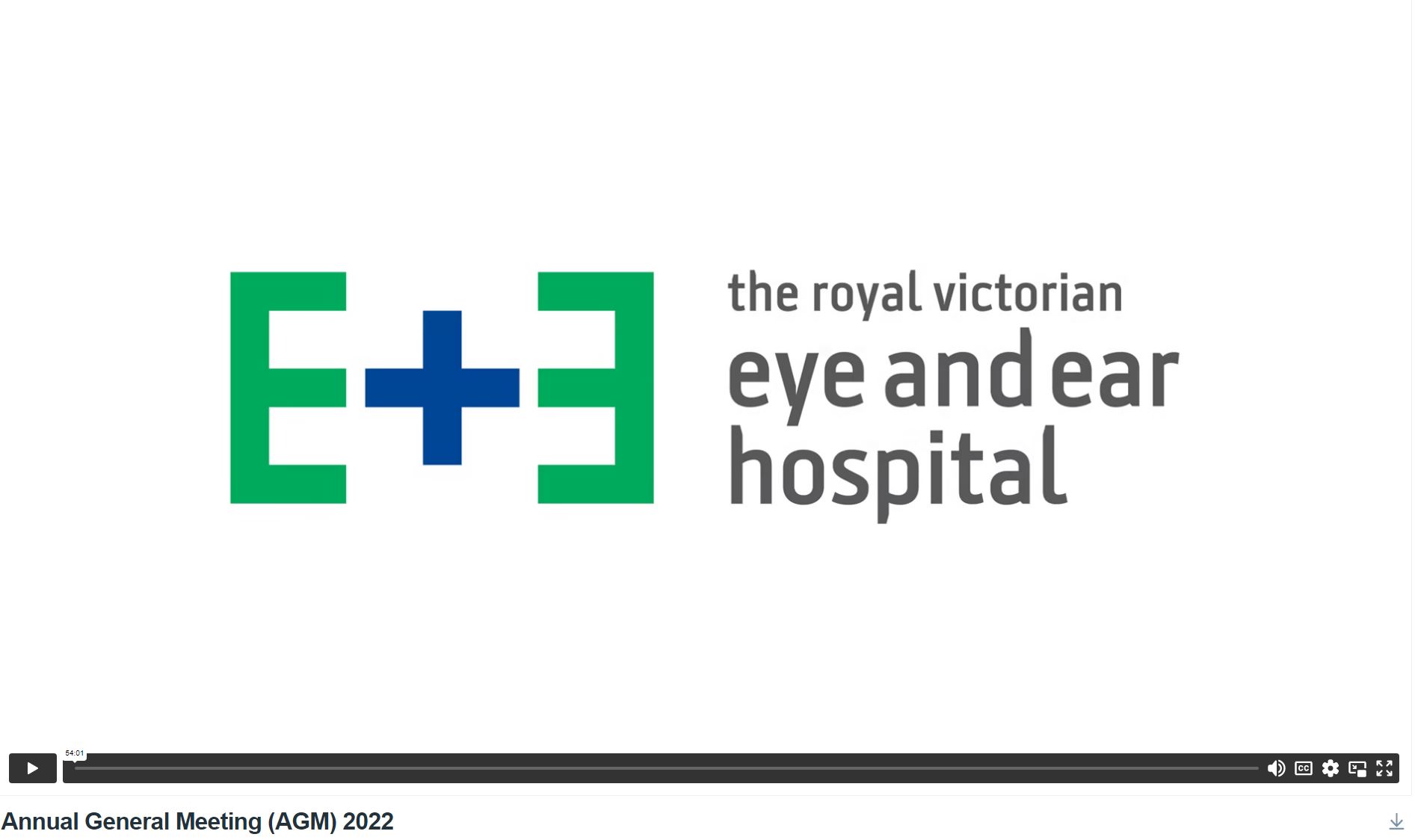 White tile with the Eye and Ear logo in Green blue and black in the centre, and Annual General Meeting 2022 in the bottom left corner