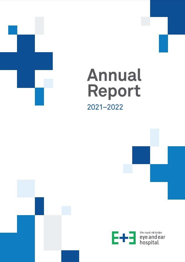 White cover with varying shades of blue boxes with Annual Report 2021-2022 around the middle, and the green, blue and black Eye and Ear logo in the bottom right corner