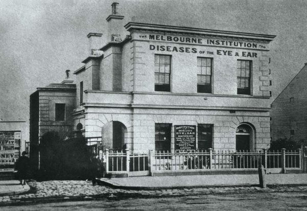 Historic image of the Eye and Ear hospital building in 1873, then known as 'The Melbourne Institution for Diseases of the Eye and Ear'