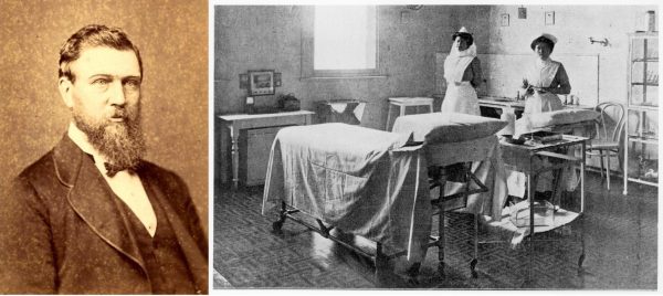 Two images, image on the left is a sepia coloured portrait of founder Dr Andrew Sexton Gray, and the black and white photo on the right is of two nurses standing in an operating theatre in 1915