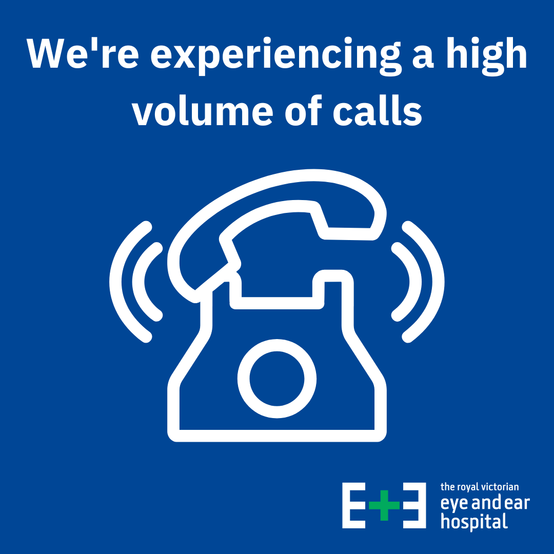 Blue tile and image of telephone ringing with text above saying 'We're experiencing a high volume of calls' and the eye and ear logo in the bottom right corner
