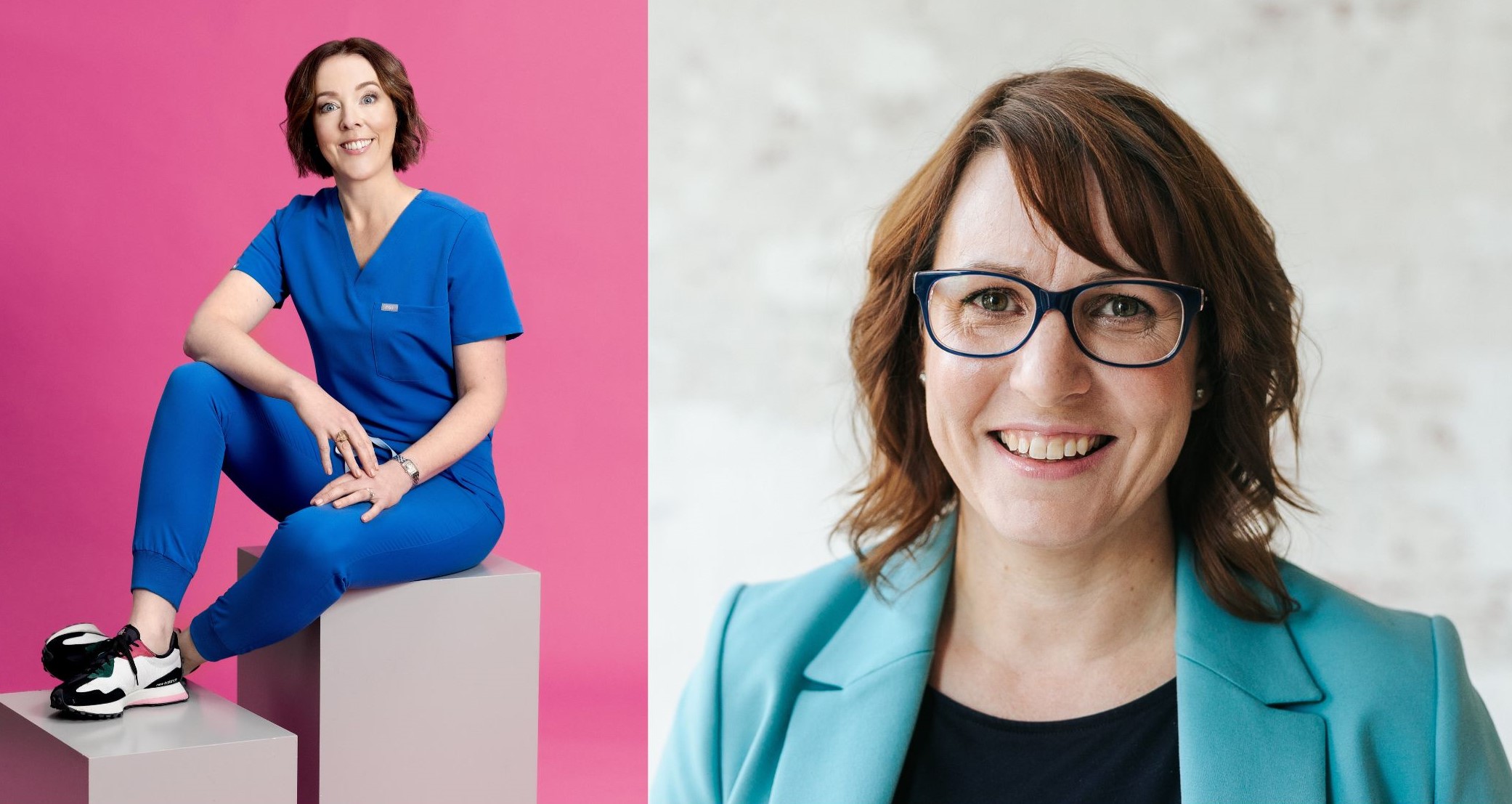 Two photo's of women. The one on the left wearing blue scrubs with brown hair and smiling, the other with brow hair, a teal jacket who is also smiling.
