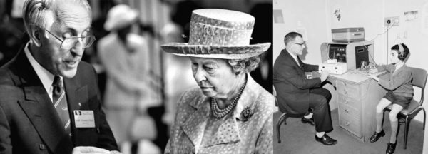 Two black and white photos, the left features Queen Elizabeth the second with Professor Graeme Clarke, pioneer of the cochlear implant, and the photo on the right was taken in 1966 and features an audiologist performing an audiogram on a young boy