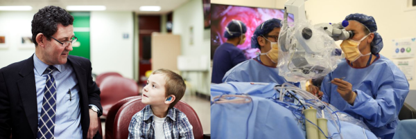 Two images, on the left Professor Rob Briggs sitting with a young boy with a hearing aid, and on the right a photo of surgeons performing eye surgery at the hospital
