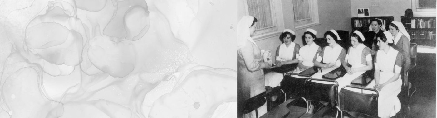 Historic black and white photo of nurses learning