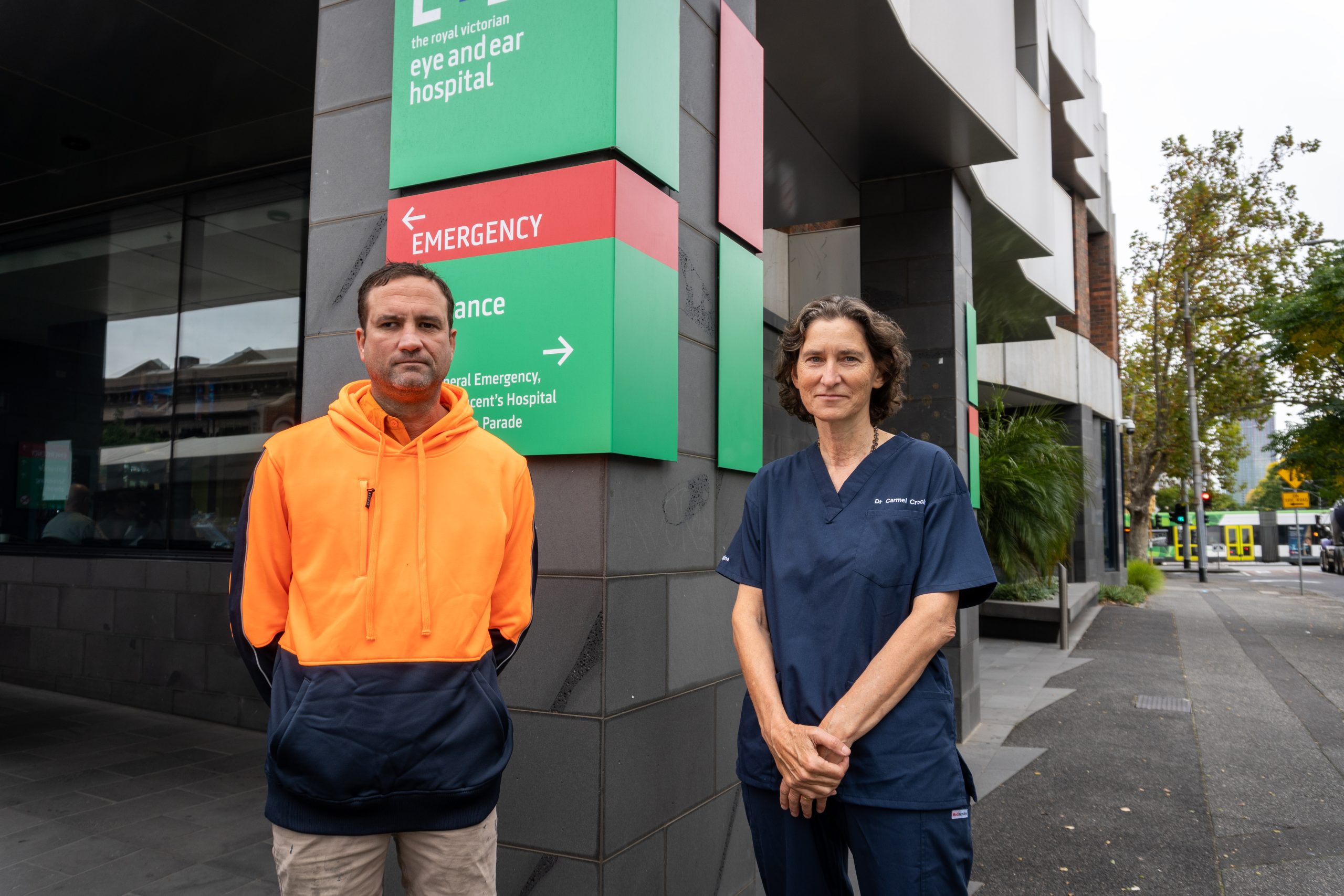 Patient, Mark Swales and Dr Carmel Crock standing outside the Eye and Ear emergency departnent