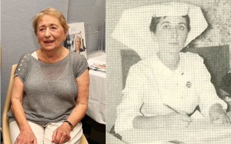 Two photo's side by side, left photo is of Fay at Eye and Ear's 150th celebration, and right photo is of her in her nursing uniform when she first started at the Eye and Ear