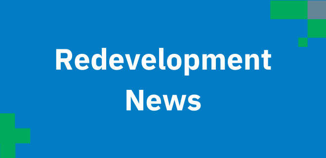 Light blue tile featuring text 'redevelopment news'