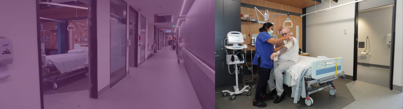A transparent image of a hospital bed and hallway next to an image of a nurse assisting a patient in the ward