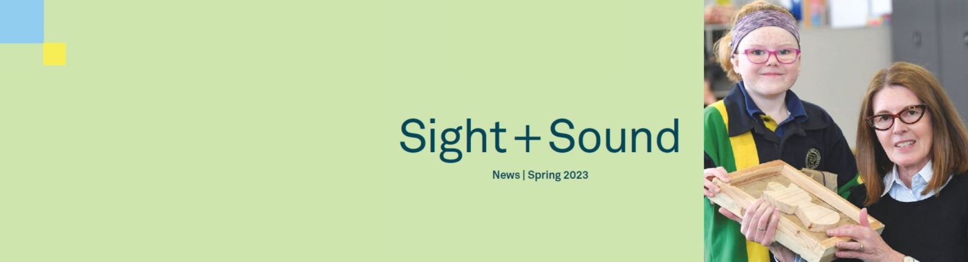Light green tile featuring a photo of a young cochlear patient and her speech pathologist to the far right, with text 'Sight + Sound News Spring 2023' sitting to the left of the photo