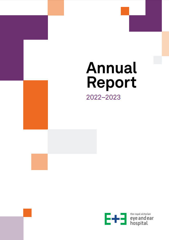 White page with purple and orange squares dotted around. Text reads 'Annual Report 2022-2023' and Eye and Ear logo sits in the bottom right corner.
