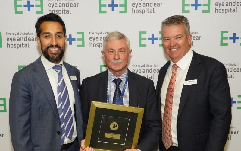 Dr Birinder Giddey standing with Board Chair recipient Dr David Marty and Eye and Ear CEO Brendon Gardner