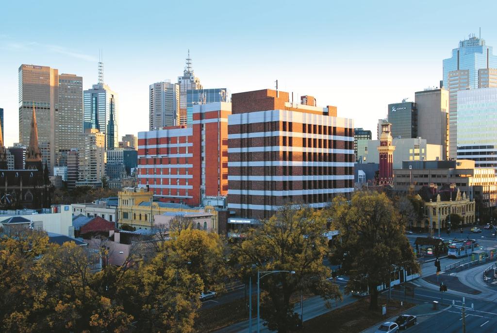 An aerial image of the Royal Victorian Eye and Ear Hospital of our Victoria Parade facing facade