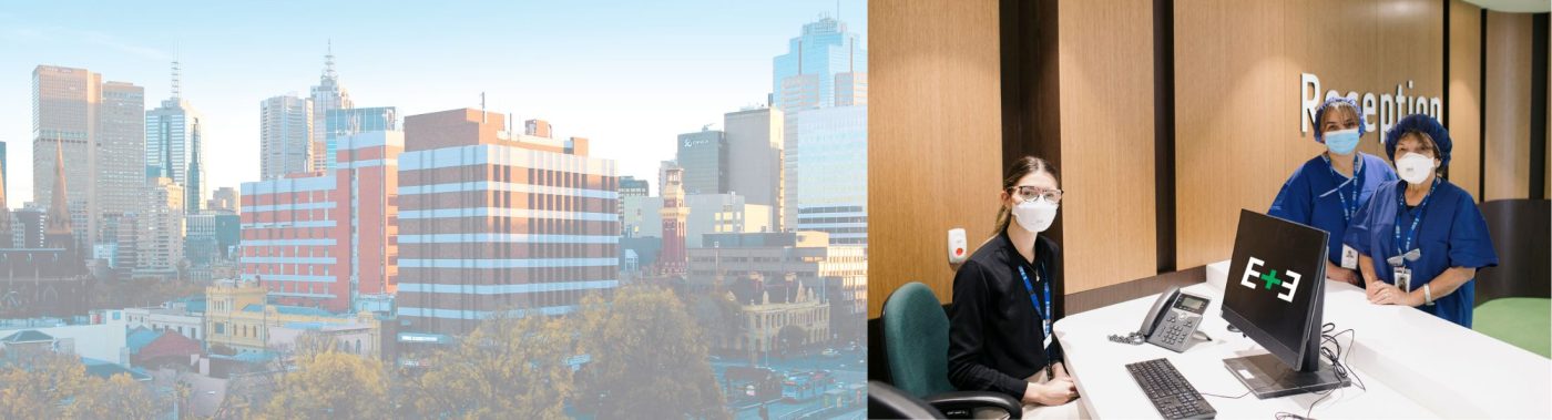 Two images on a banner, the left image is an aerial view of the hospital and the photo on the right is of 3 staff members wearing masks and smiling. One is sitting at a desk and the other two standing next to our Reception desk.