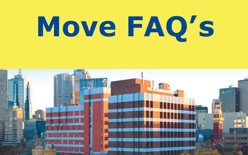 Yellow tile featuring a photo of the main hospital with a blue heading "Move FAQ's"