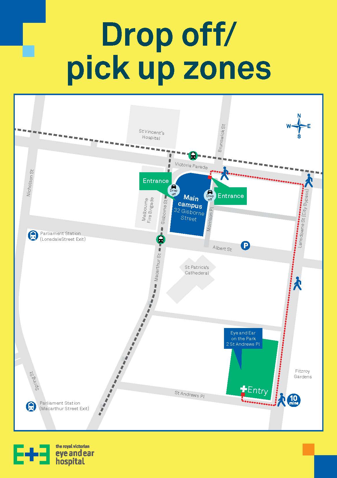 Map of patient drop off and pick up zones on Gisborne Street and Morrison Place