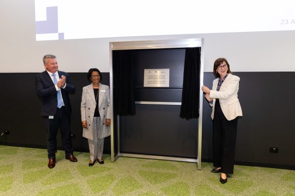 CEO Brendon Gardner, Chair Board of Directors Dr Sherene Devanesen and The Hon. Mary-Anne Thomas MP unveiling the commemorative plaque officiating the opening the newly redeveloped Eye and Ear