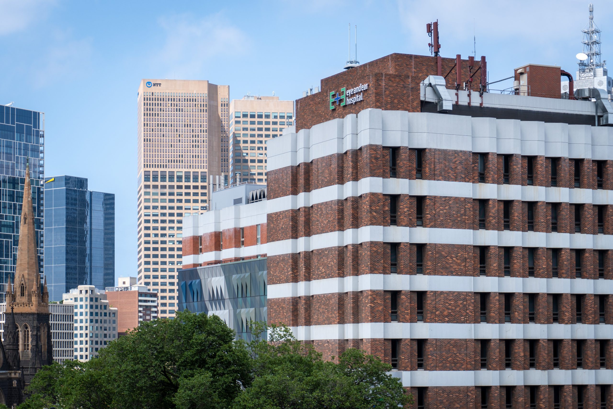 Aerial view of the Victoria Parade facing Eye and Ear hospital building .