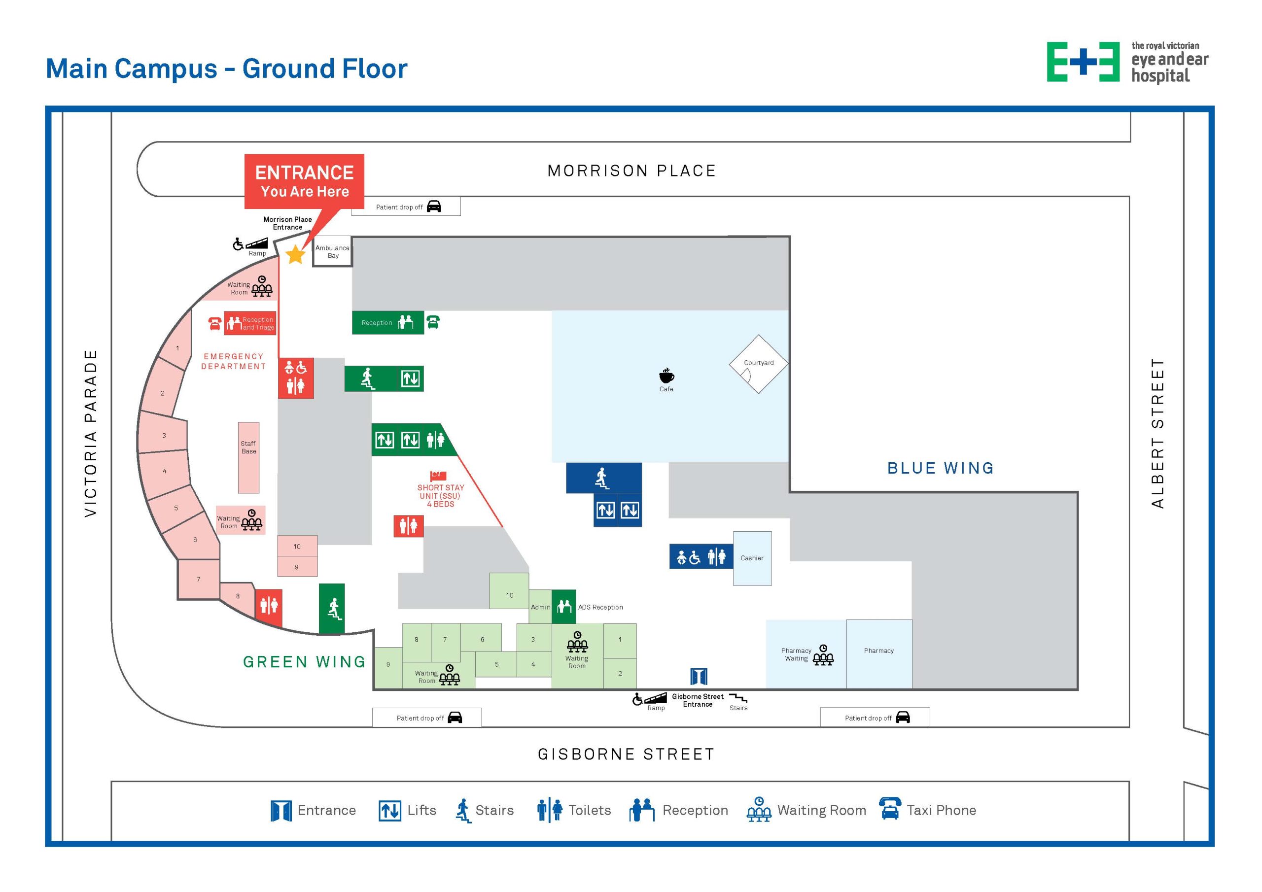 Simplified map of the ground floor of the hospital.