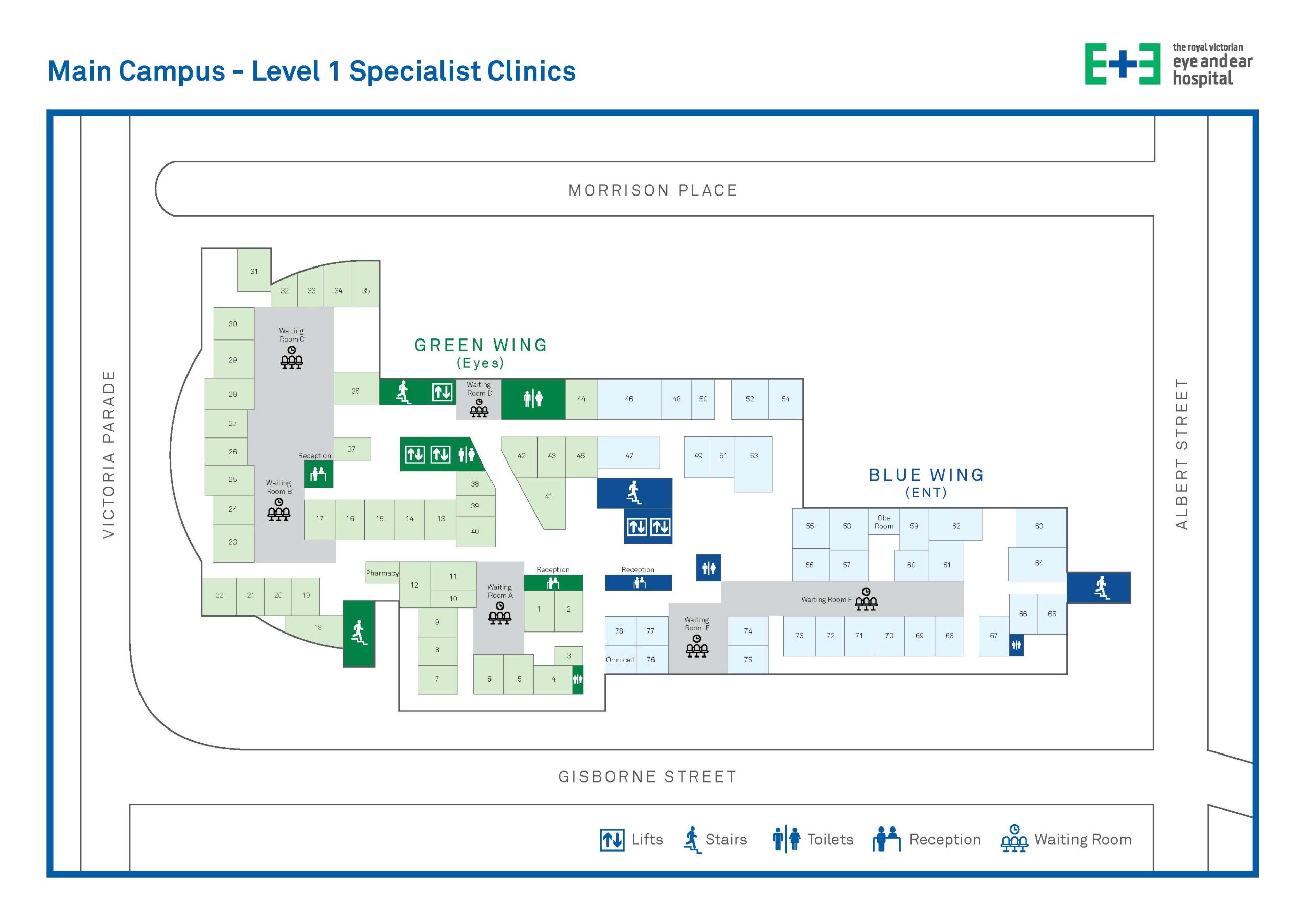 Simplified map of level 1 of the hospital.