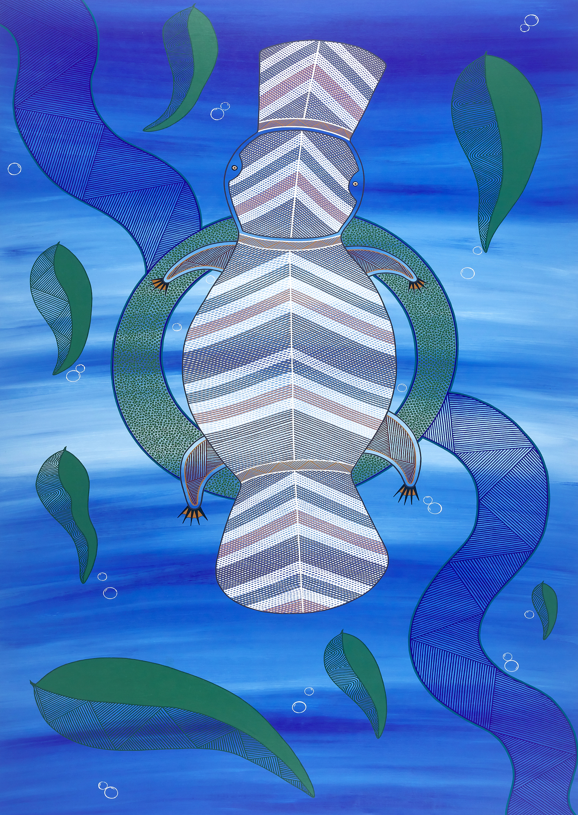 A chevron striped platypus against a blue background with green leaves and other symbols.