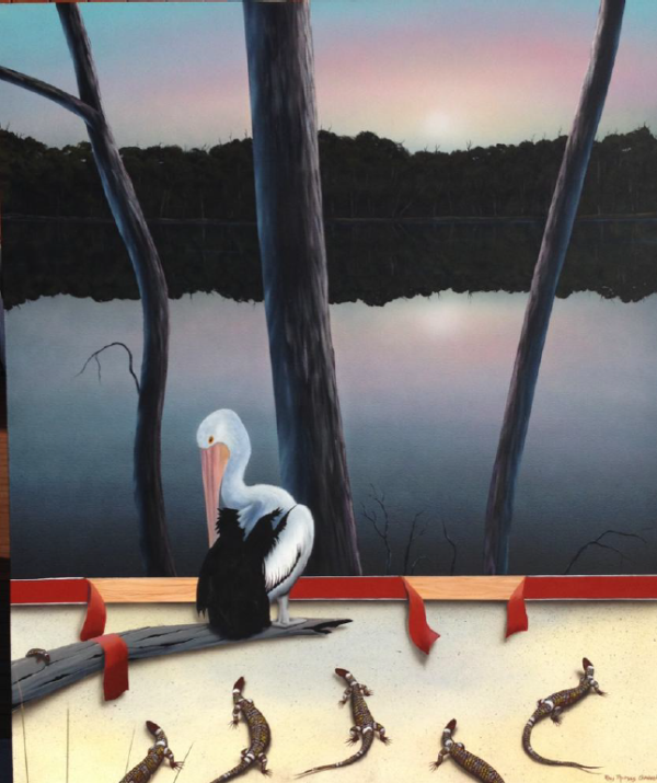 A painting of a pelican at sunrise/sunset next to the water with 5 lizards. Trees feature behind the pelican.