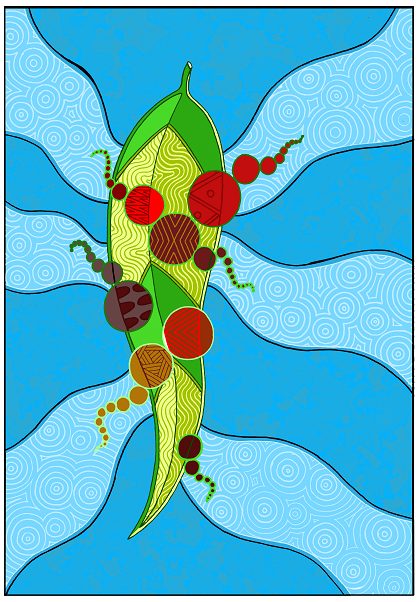 Mandy Nicholson's manna gum leaf painting which features a bright green mannagum leaf laden with symbols and imposing colourful circles on a two tone blue background which also features symbols.