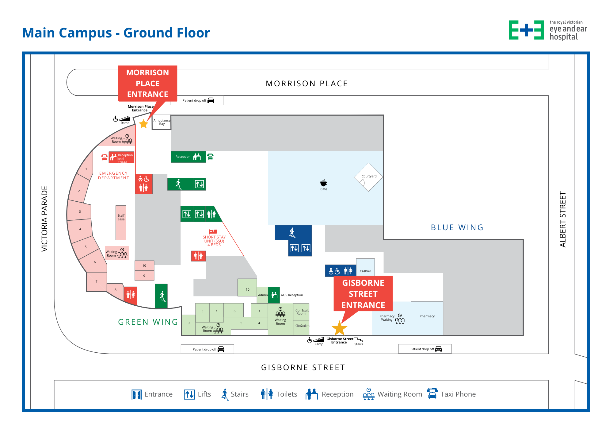 A map of the ground floor of the hospital, with both Gisborne Street and Morrison Place entrances marked out on either side of the map.