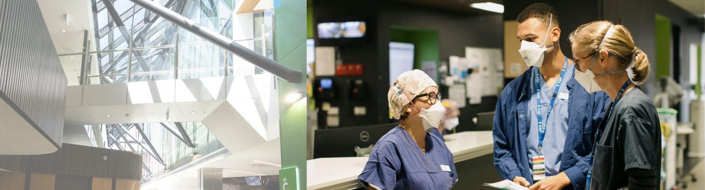 Two images side by side. Left image: an image of the atrium ceiling at the Eye and Ear hospital, dark structured columns criss cross against a glass roof. Right image: 3 Eye and Ear staff members standing together in discussion. All are wearing navy blue scrubs and wearing N95 masks.