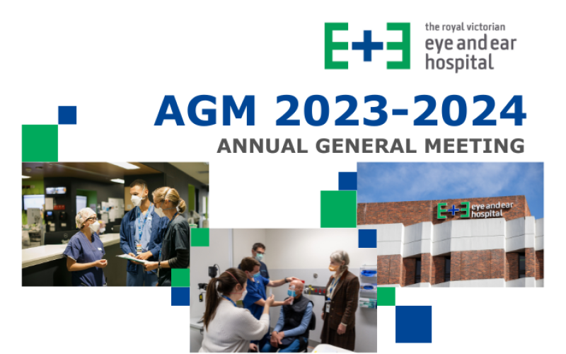 White tile with text 'AGM 2023-2024 Annual General Meeting' Accompanied by photos of the hospital and the hospital logo