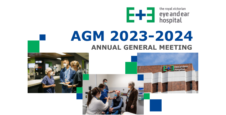 White tile with text 'AGM 2023-2024 Annual General Meeting' Accompanied by photos of the hospital and the hospital logo