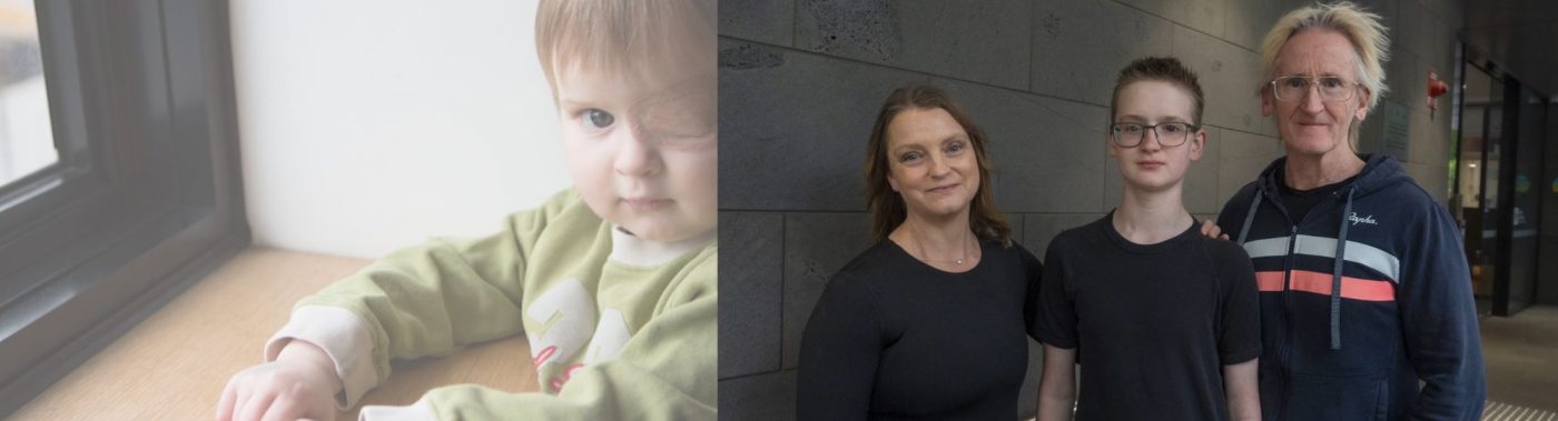 Two images side by side. Left photo is Bailey when he was a toddler, he is wearing a green jumper and and eye patch. Right photo is a fmaily photo - His mum, Bailey and his dad stand together, all in black tops.