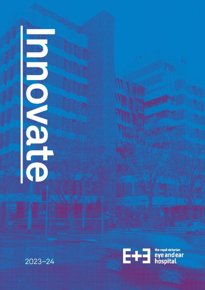 The cover of Innovate 2023-2024. The cover features a bright blue and purple treated photo of the our building from Victoria Parade.