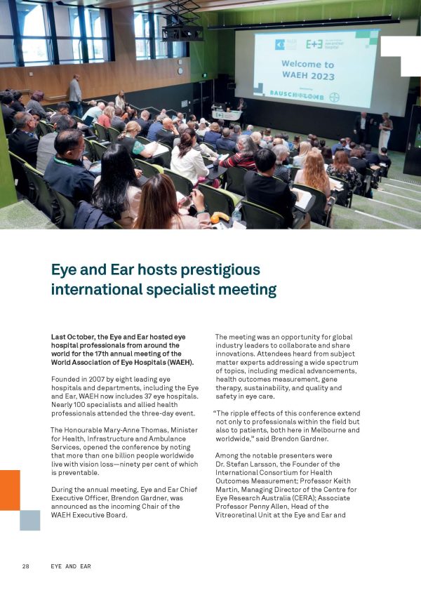 A screen grab of one of the stories in Innovate titled 'Eye and Ear hosts prestigious international specialist meeting'. A photo from a meeting is from the perspective of the back of an auditorium full of people.