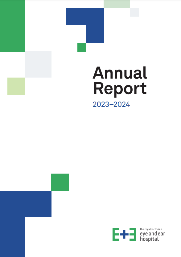 Front cover of the Annual Report. A white document with green and blue squares around the page. Text 'Annual Report 2023-2024' with Eye and Ear Logo.