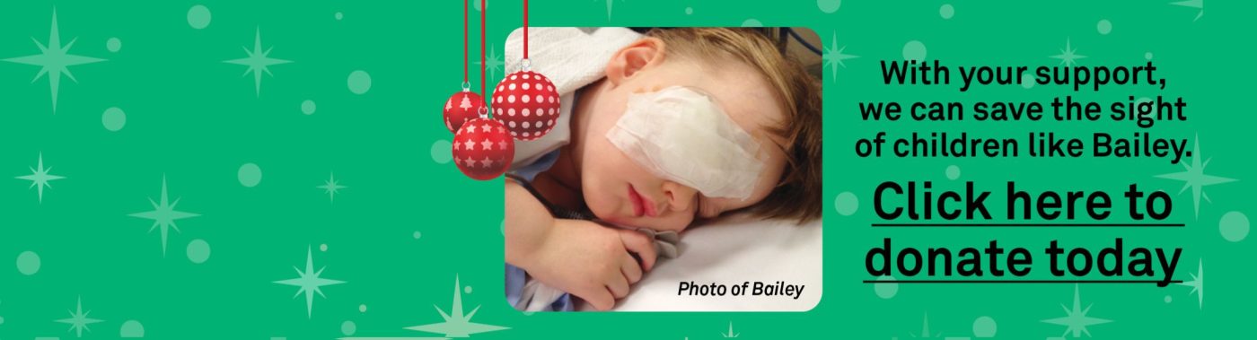 A green banner featuring a photo of a young child with an eye patch on, lying in bed whilst sleeping. Black text next to the photo reads 