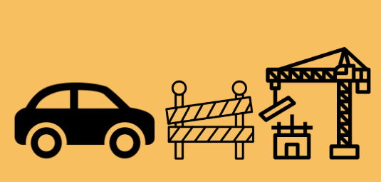 Orange banner with a silhouette of a car, a barricade and a crane