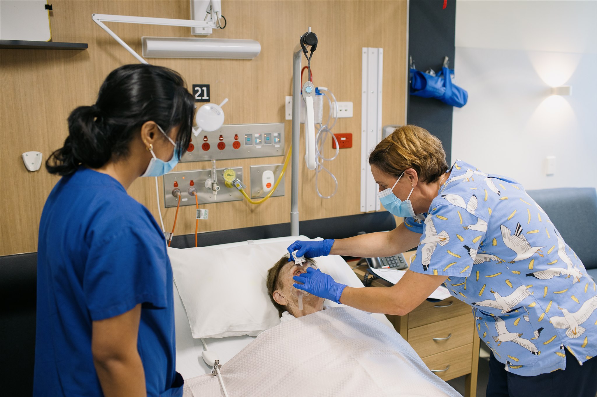 A nurse wearing a scrub top with seagulls on it administering eyedrops to a patient lying in bed whilst another nurse in navy blue scrubs looks on.