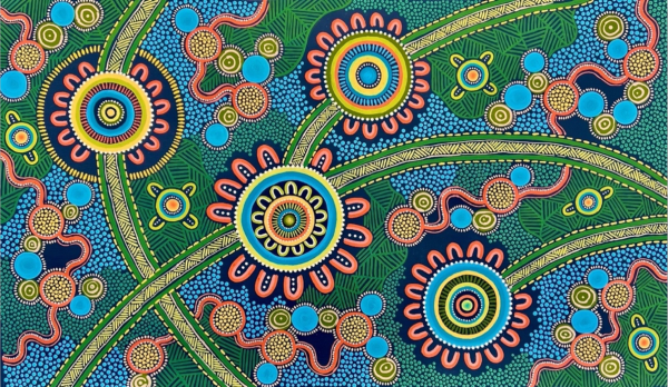 A colourful and busy patterned Aboriginal painting telling the story of the healthcare journey using vibrant greens, blues, yellows and coral colours