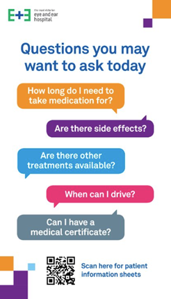 An example of a tile on the screen titled 'Questions you may want to ask' It lists a series of example questions for patients to consider in colourful text bubbles.