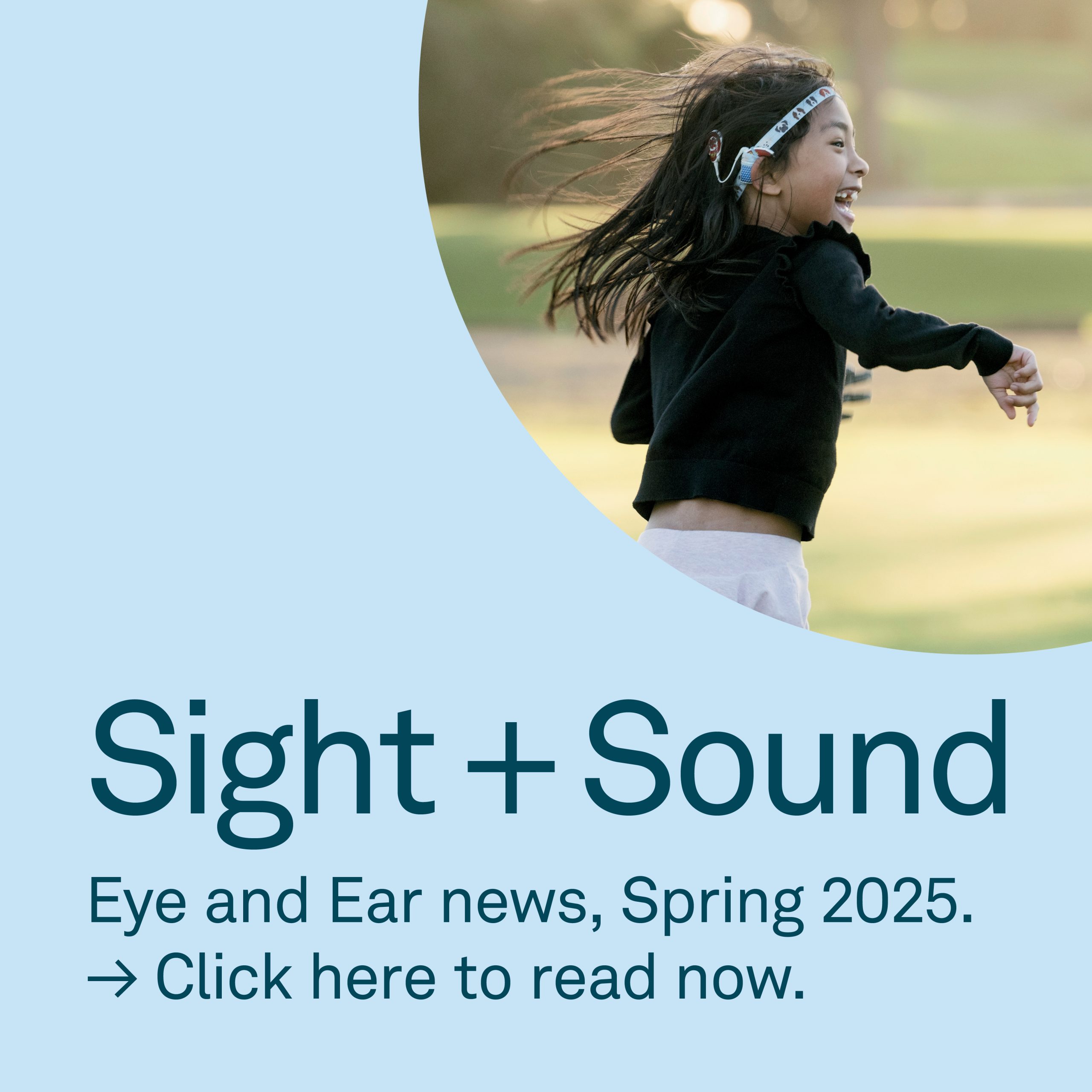 Child joyfully running on grass with 'Sight + Sound, Spring 2025' event advertisement.