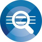 An icon for national standard 1, clinical governance. A dark blue circle with a magnifying glass.